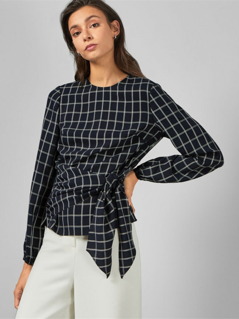 Ted Baker Toulaa Checked Plaid Tie Waist Top